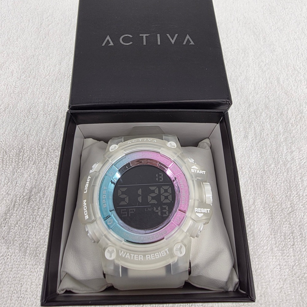 Activa Digital Sport Watch Frosted Clear Iridescent Chronograph Water Resist